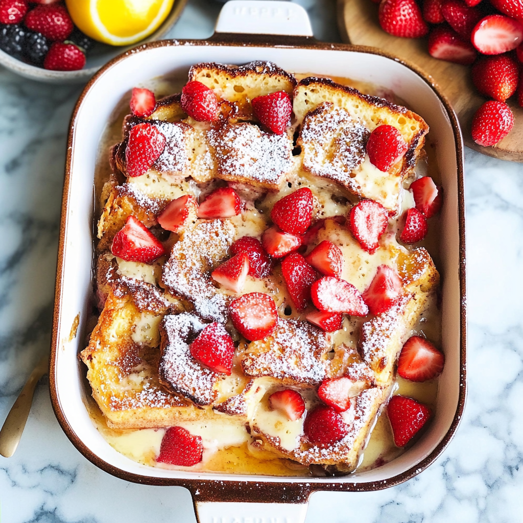 Recipe preparation for Baked Strawberries and Cream French Toast