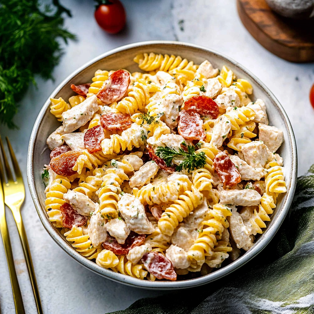Recipe preparation for Chicken Bacon Ranch Pasta Salad